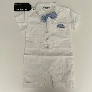 One piece, snaps. Slip on, white suit for baby